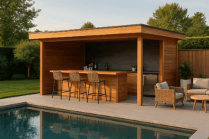 Pool house avec bar moderne et convivial en extérieur